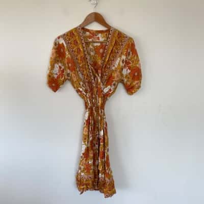 Red Orange Floral  100% Rayon Short Sleeve Mini Dress One Size 
