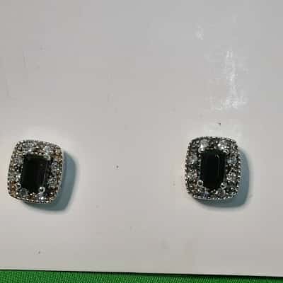 925 silver stud earrings featuring a rectangular Blackstone set in a Halo of small white crystals