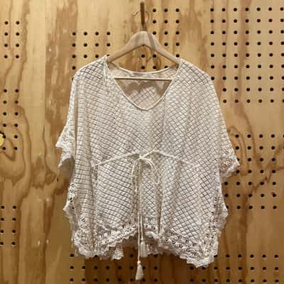 Zara Trafaluc Collection Womens Cream Crochet Lace Top Cardigan with Waist Tie Size M