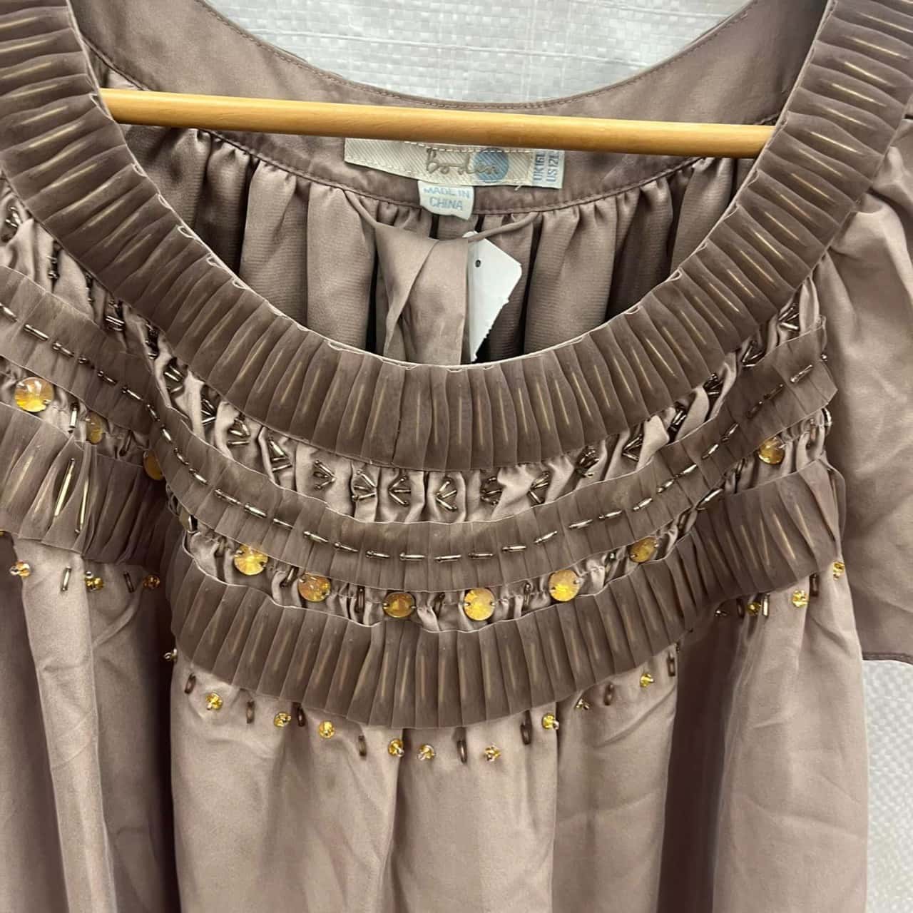 Boden Womens Size 16 Mushroom Coloured Silk Beaded Dress