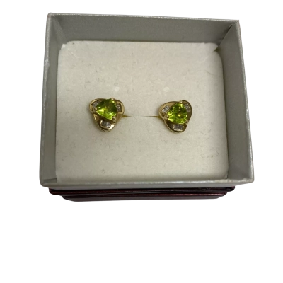 375 9K Gold Trillion Cut Peridot + Baguette Diamond Earrings  