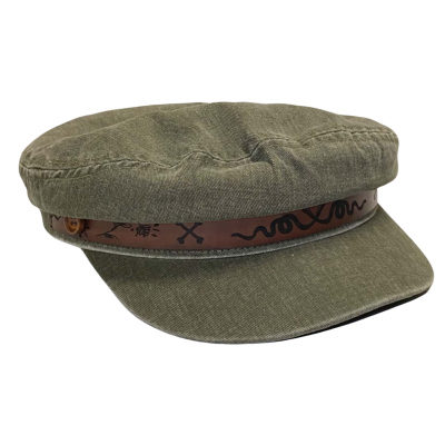 Billy Bones Club Faded Green Captain Hat w/ Brown Leather Band, Snake/Bones/Flower Detailing