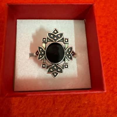  Women's Silver Tone Vintage Inspired Ring featuring a setting with a Black Stone
