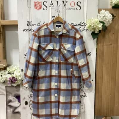 RB Sellars Brand! NWOT 50% WOOL SHIRT COLLAR LONGLINE BUTTON UP SHACKET! Womens  Size 6 Winter Coat / Winter Jacket Beige / Blue / Brown / Checked / Pattern / Striped 