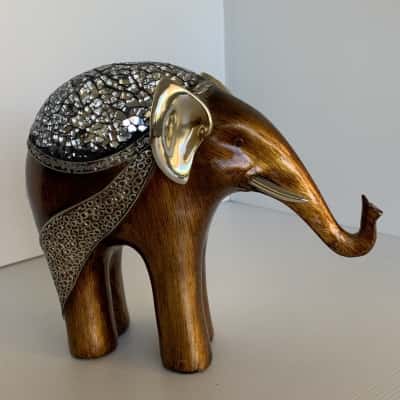 Mosaic Elephant Figurine - Faux Wood Grain & Mirror Details