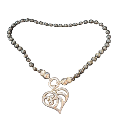  Womens  KAGI Necklace Black Bead  /  925 Silver  KAGI Heart Pendant