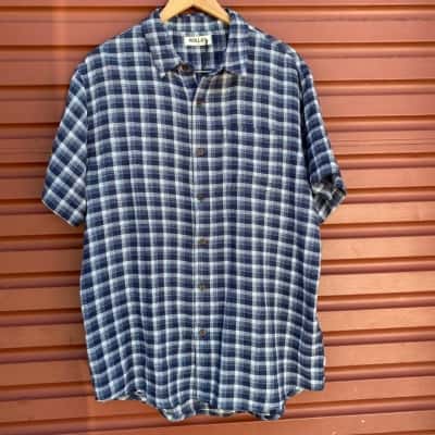Rollas Mens Size L Blue/Grey Checked 'Angus' Short-Sleeve Shirt 