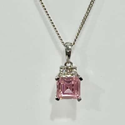 925 Silver  Large Pink Gemstone Diamonte Necklace 