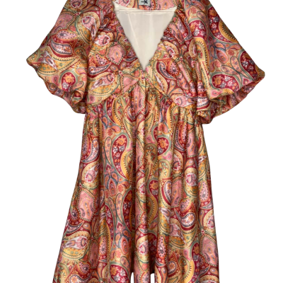 Sheike Womens  Size 8 paisley pinky/goldie dress with puffed sleeves