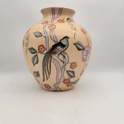 Large Vintage Vase With Bird and Floral Pattern
