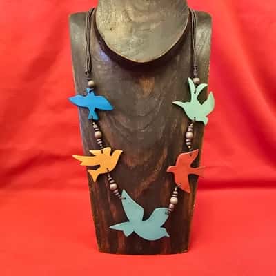  Womens Slide Adjustable Waxed Cord, Wooden Bird Necklace 