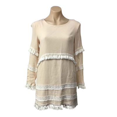 Indikah Womens Size 8 Pale Orange / White Lace Trim Long Sleeve Mini Dress