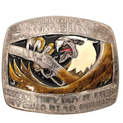 Vintage Belt Buckle ©Indiana Metal Craft 1980 - "I Will Give Up My GunWhen You Pry It From My Cold Dead Fingers"
