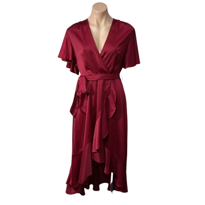 Pilgrim Womens Size 14 Red Crossover Bodice Short Sleeve Frilly Wrap Dress (new)
