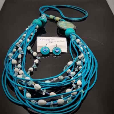 Stunning 1 Metre Of Cord, Beads, Seeds & Pale Blue Crystal Chips With Paua Shell Drop Matching Earrings / Necklace 