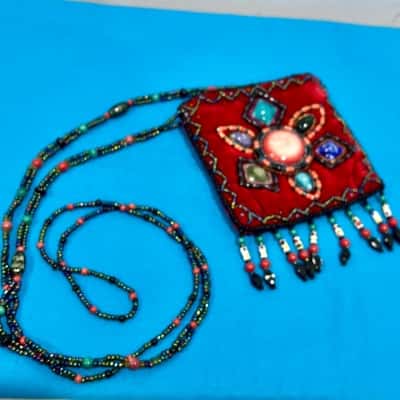 Boho Red Velvet Beaded Small Pouch Bag