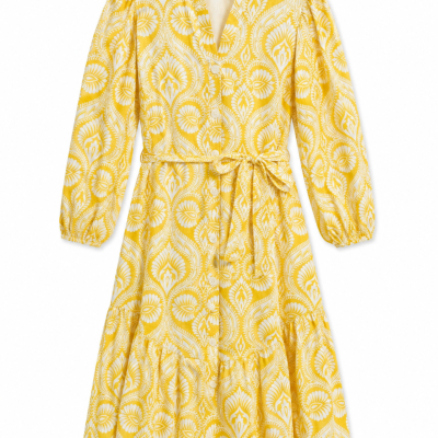 Country Road Yellow & White Organic French Linen Midi Dress – Size 10