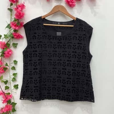 Rockmans Womens Broderie Sleeveless Top Size 18 Black  