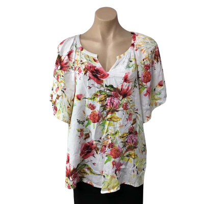 Suzannegrae Womens Size 16 White / Pink / Yellow / Green Floral Short Sleeve Top