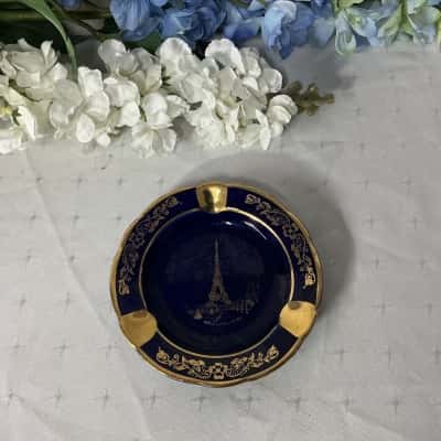 Limoges Cobalt Blue / Gold Paris Eiffel Tower Pattern Porcelain Ashtray