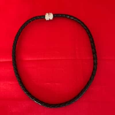  Women's Black Leather  Choker Necklace featuring a Prominent Rhinestone Magnetic Clasp