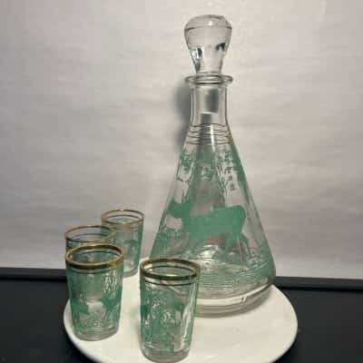 Vintage Glass Decanter and Shot Glasses Featuring Green Deer Scnene