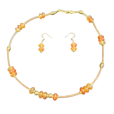 SALE Gold / Orange Beaded Necklace and Earring Set 