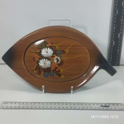 Vintage Thick Plastic Hand Painted Trinket Box Lid Faux !ood 