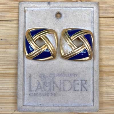 Launder Vintage Blue/Gold-Tone Clip Earrings