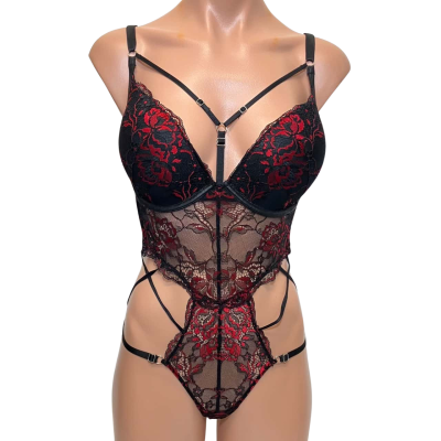 Bras N Things Womens Bodysuit Size 8E/F Black  /  Red 
