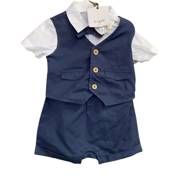Origami Little Gent Cotton / Linen Waistcoat Set Size 1 Navy Blue/ White 