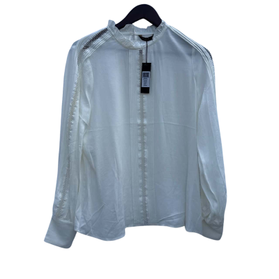 BNWT G.D.S. Asteria Womens High Frill Neck Lattice Lace Trim Long Sleeve Shirt Size S White RRP: $149.00