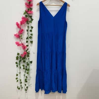 Witchery Womens Sleeveless Tiered V-Neck Dress Size 12 Bright Blue 