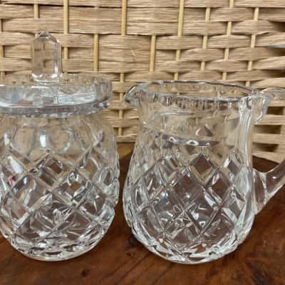 Set of vintage crystal collectible cream jug covered sugar bowl diamond cut pattern Hightea wedding gift mother birthday 