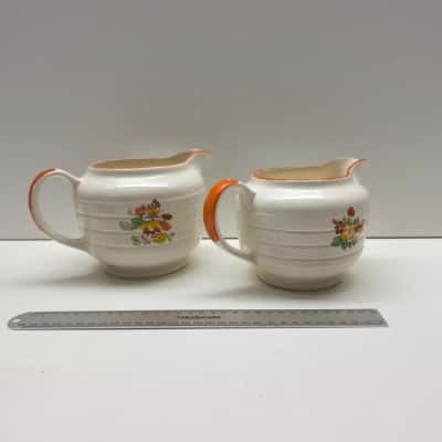 Pair Vintage Swinnertons Staffordshire Creamers Milk Jugs Floral Orange Trim