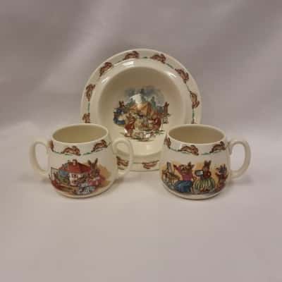 Royal Dutton Bunnykins Family Camping Scene 2 Mugs 1 Bowl. Bowl Slight Marks 