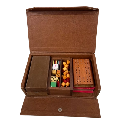 L. G. Lown Miniature Games Set with Checkers, Bridge & Poker, in Vinyl Case with Extra Dice & Counters