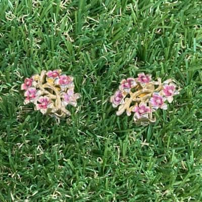  Womens Vintage Gold Tone with Pink Highlights Cherry Blossom Clip On Earrings 