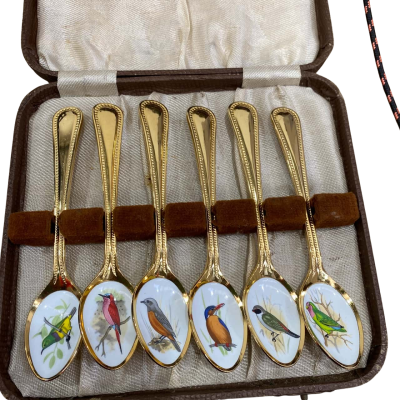 6 Lovely Bird Teaspoon Set Japan Gold Plated 