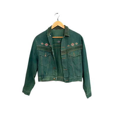 One Off Green Denim Jacket with embroidered accents See Description