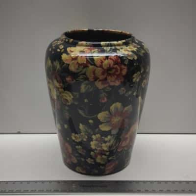 Vintage Chintz Ceramic Floral Vase Black Peony Rose Pattern