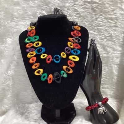  Womens Multicoloured Beaded Necklace & Red Beaded Bracelet 