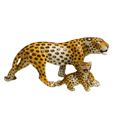 Vintage Ronzan Hand Painted Ceramic Leopard and Cub Figurine 