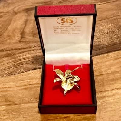 Singapore Orchard 22k Gold Pendant/ Brooch Necklace 