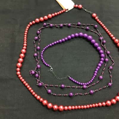  Womens Trio of Beaded Red, Purple & Black Necklaces