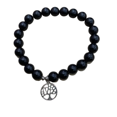 Black Onyx Tree of Life Stretch Bracelet with 925 Sterling Silver Charm