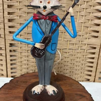 Vintage Cat Metal Statue with Guitar Collectable Handmade 