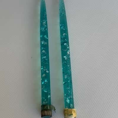 Pair 12" Teal or Turquoise Lucite Taper Candles with Silver Flakes