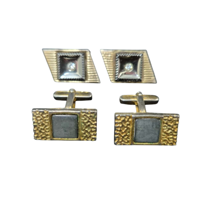  Mens Cufflinks Gold  Tone/ Grey Inset / White stones 