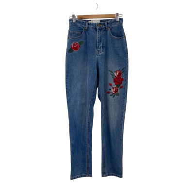 Minkpink Disney Womens  Size XS Regular Fit Jeans Blue / Embroidered Rose